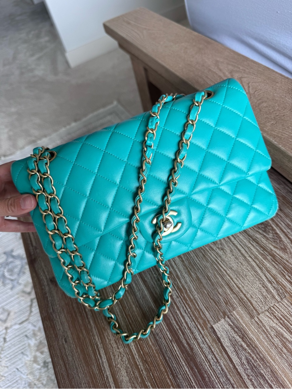 Chanel Quilted Lambskin Double Flap Shoulder Bag in Turquoise